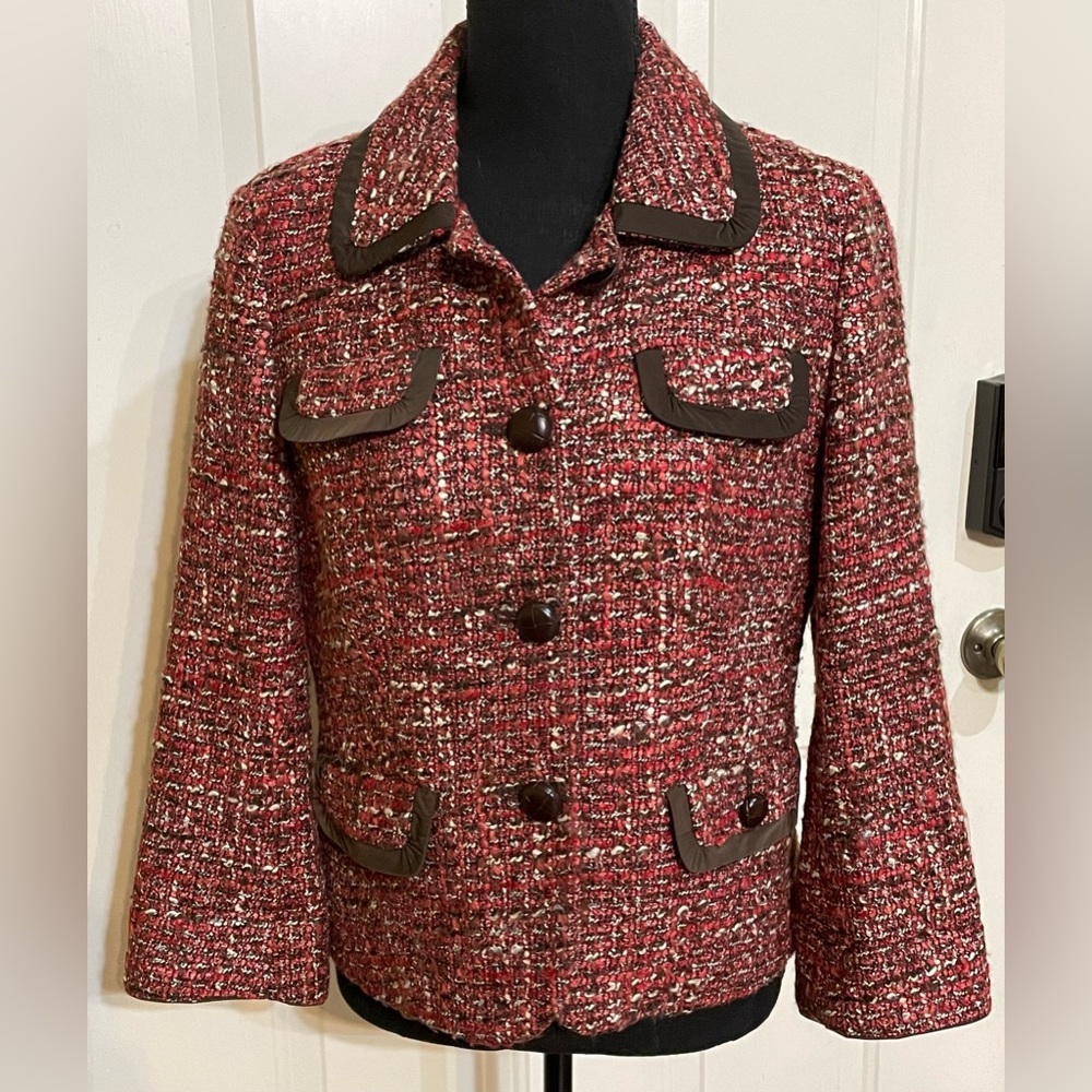 Talbots Red Wool Blend Tweed Blazer Wood Buttons Academia Career Women’s Sz 4